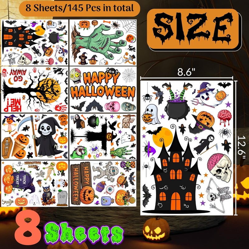 Backtopeia Halloween Window Cling Stickers | Halloween Decorations Party Decorations Indoor Outdoor Décor Accessories Party Favors Supplies Craft Gift Idea For Kids Adult Pumpkin Skull Skeleton Spider - 8 Sheets - Image 3